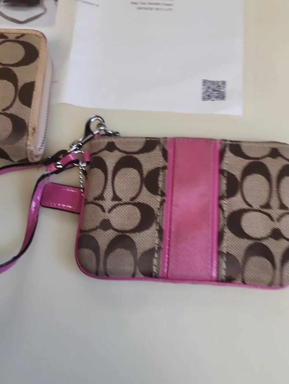 Coach Brown Signature Canvas Shoulder Bag with Pink Stripe and Matching Wallets